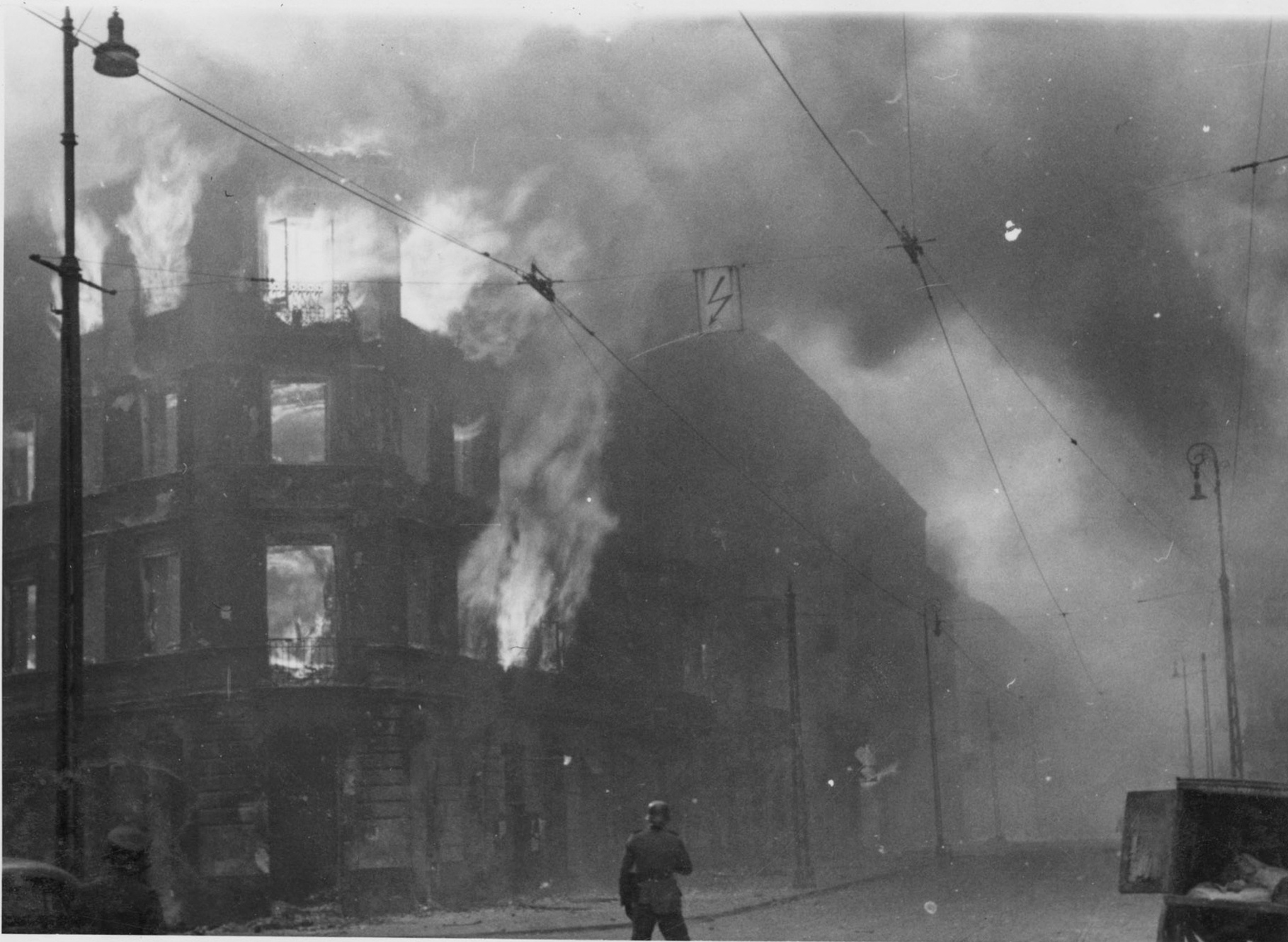 Photograph from the Stroop Report showing destruction of a housing block during the Warsaw Ghetto Uprising, April-May 1943