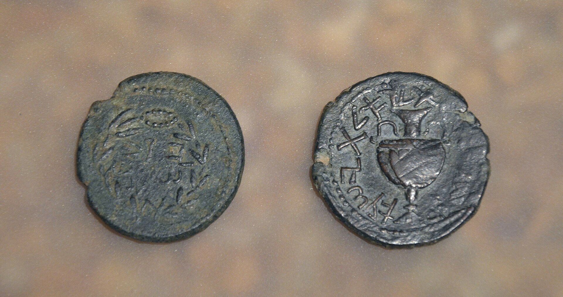 Bar Kokhba coins and ancient artifacts displayed at the Eretz Israel Museum