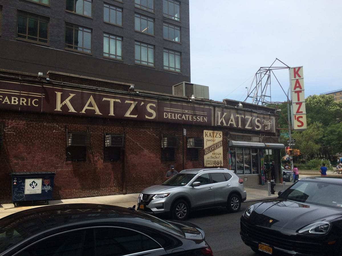 The storefront of Katz's Delicatessen in Manhattan, a Jewish-owned deli institution since 1888