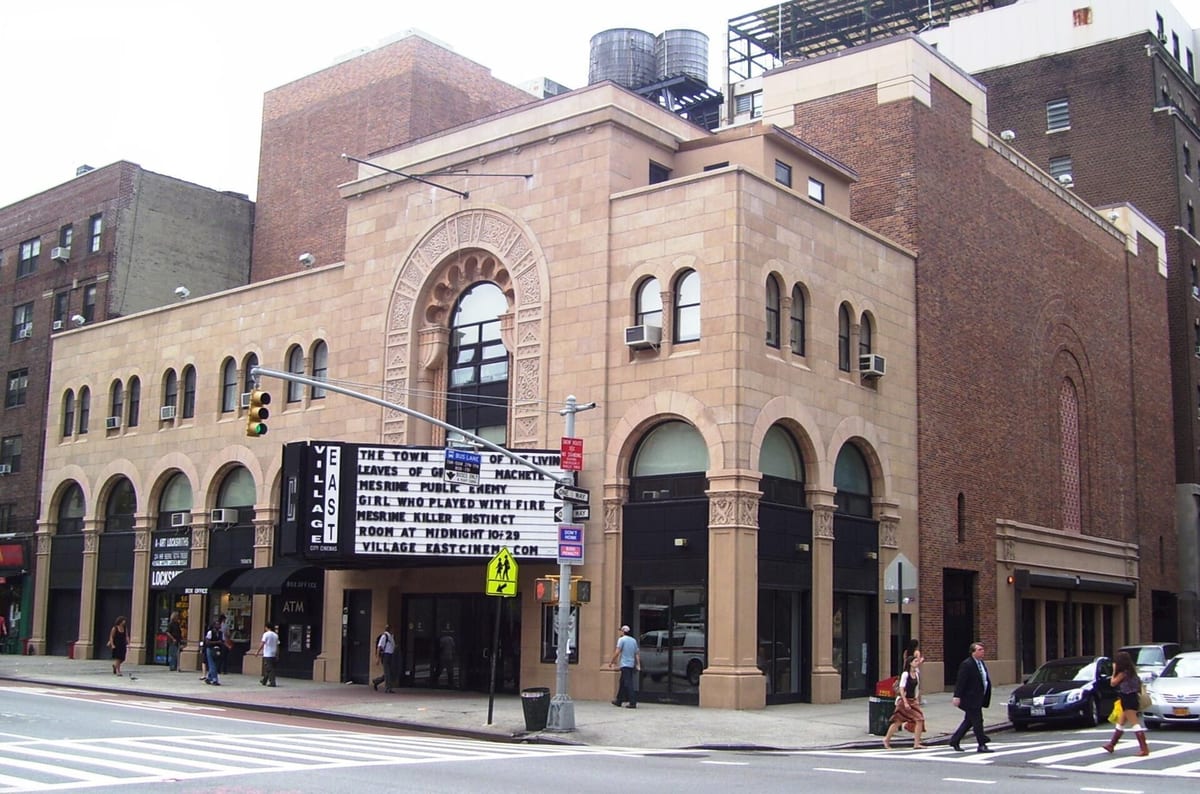 The former Yiddish Art Theatre building on Second Avenue, its Moorish-revival stone facade still intact above the marquee of the Village East Cinema