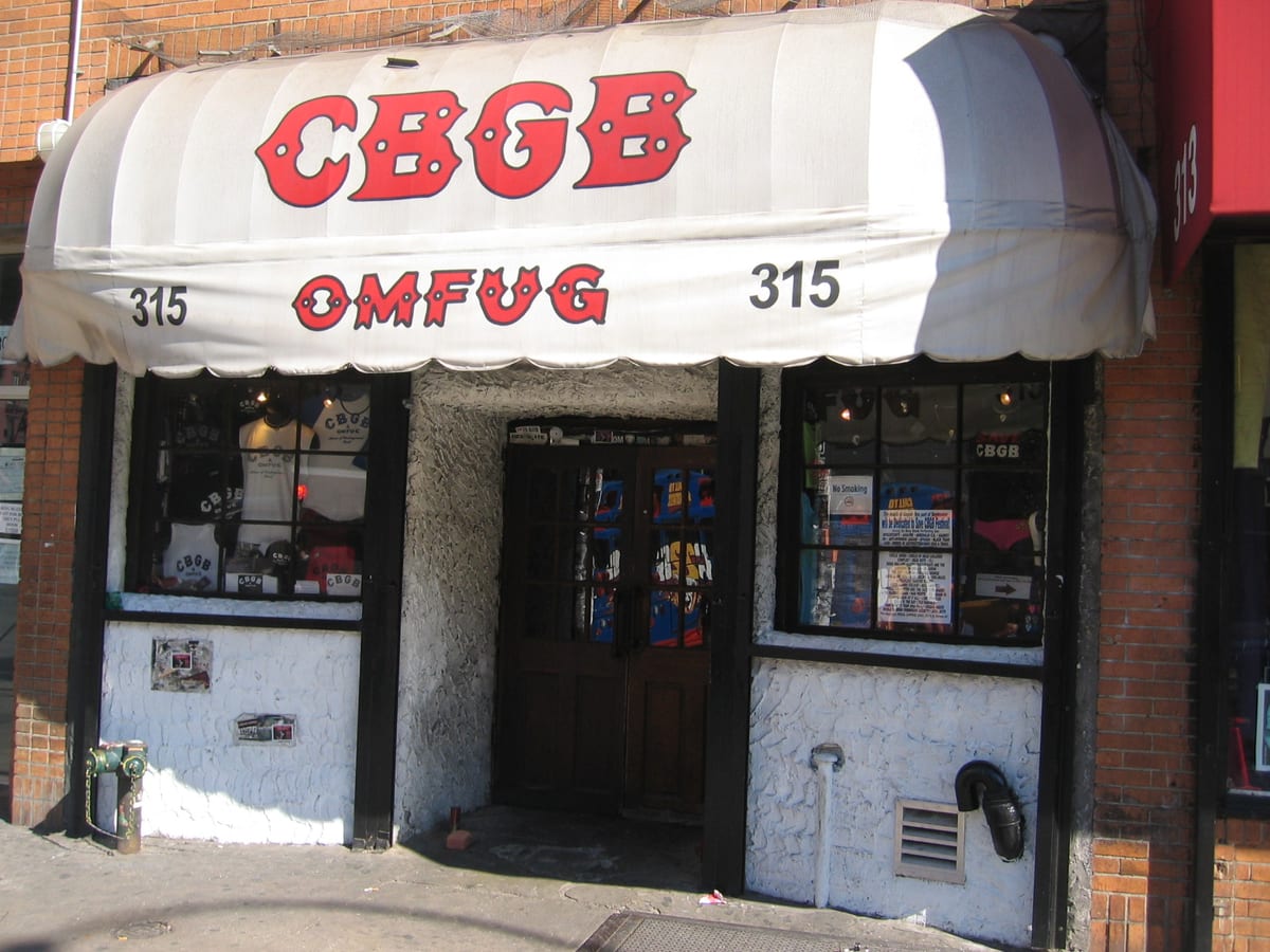 CBGB's storefront at 315 Bowery in its final years, awning and windows intact